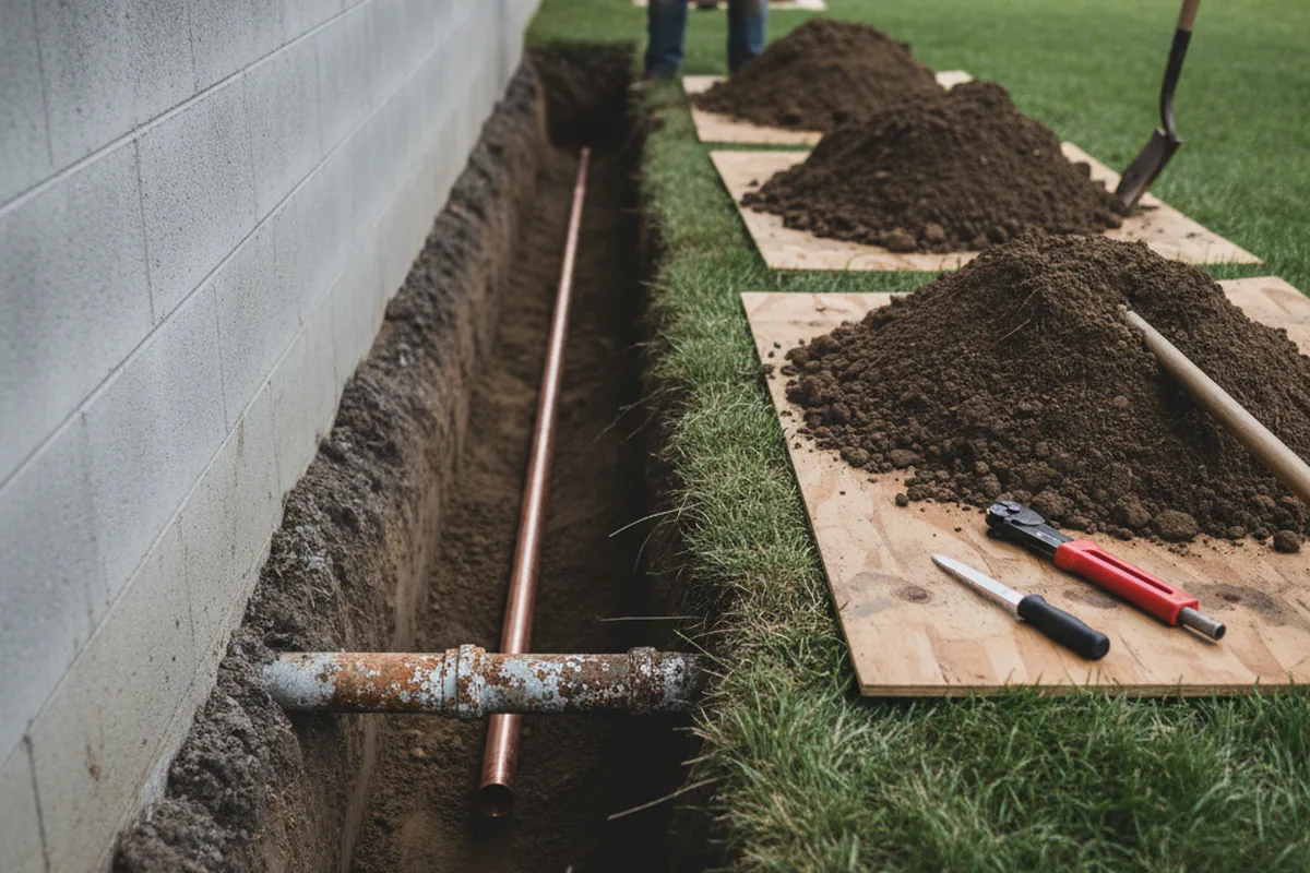 Excavated water line trench during Water Heater Repair in Owensboro